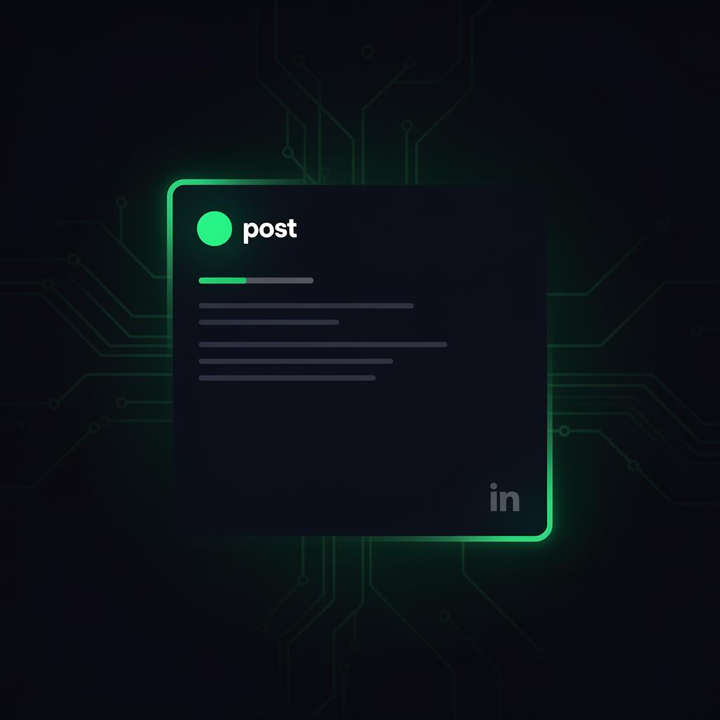 AI generating a LinkedIn post with a glowing emerald accent on a dark circuit background